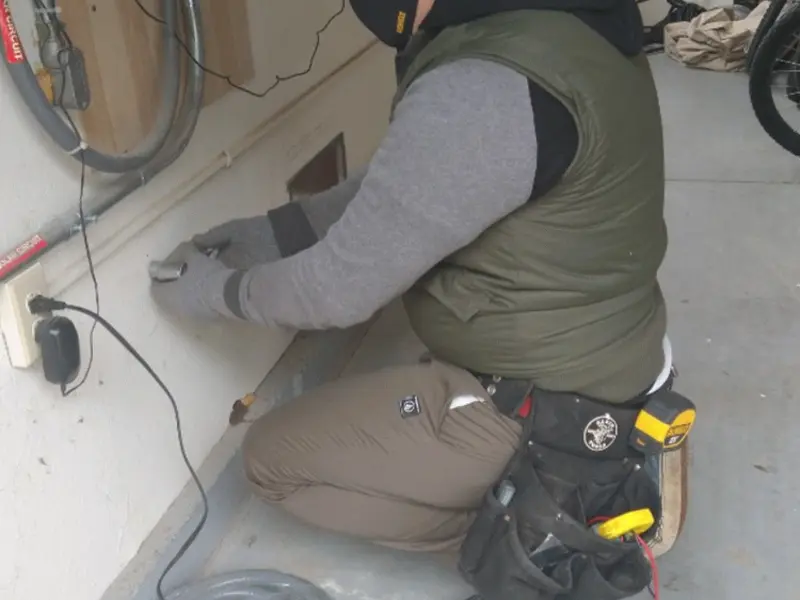 Electrician performing outlet wiring in a Anna garage